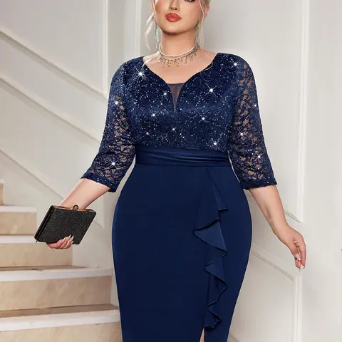 【Plus Size】missmay P54323A Women's Plus Size Curvy High-Waist Sequined Lace V-Neck Contrast Ruffle Split-Hem Bodycon Dress - Zipper Closure, Premium Fabric, Party Fit Formal Dresses for Wedding Events
