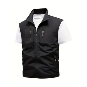 Men's Solid Pocket Zipper Vest Waistcoats, Regular Fit Casual Sleeveless Collared Outerwear for Fall & Winter, Men's Clothes for Outdoor ActivitiesRAIMENTRY