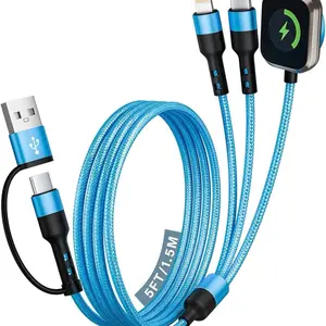 Cruise Travel Essentials 2026, 3 in 2 USB A/C Cable to iPhone 17 Charger/iWatch Charger/IP, Braided Multi Charging Cable Cord, Multi Charger Cable for iWatch Series & iPhone17-11/iPad [Blue, 5FT]