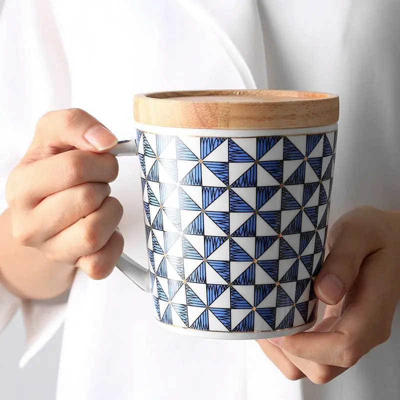 Scandinavian Geometric Leather-Accented Ceramic Coffee Mug Set - Blue & Green Kitchenware Drinkware for Daily Use