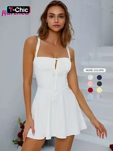 Women's Plain Lace Up Backless Boning Corset Cami Dress, Elegant Chic Pleated Ruched Tie Front Sleeveless Short Dress for Party Dating Wear, Ladies Summer Clothes Fabric Womenswear
