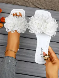 2026 Floral Square Toe Sandals, Multi-Layer Lace Decoration, Comfortable Flat Sole, Non-Slip, Breathable, Perfect for Summer