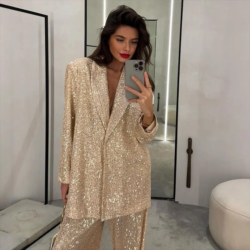 Women's Solid Sequin Embellished Longsleeves Blazer & Flare Trouser 2-Piece Plus Size Set, Elegant Dressy Commute Wear Green Suit