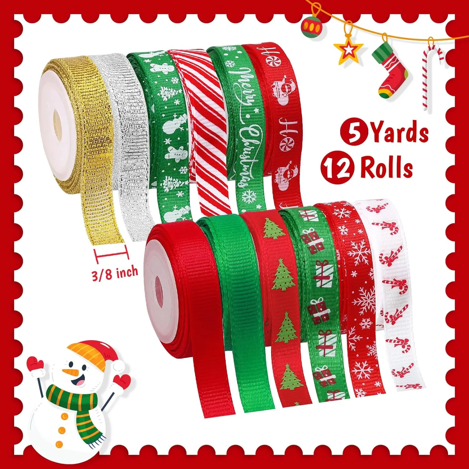 12 Rolls 60 Yards Christmas Ribbon for Gift Wrapping, 3/8 Inch Christmas Ribbon for Crafts, Glitter Grosgrain Ribbons DIY Xmas Decorations