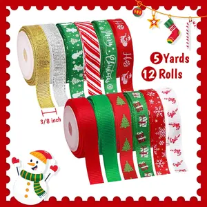 12 Rolls 60 Yards Christmas Ribbon for Gift Wrapping, 3/8 Inch Christmas Ribbon for Crafts, Glitter Grosgrain Ribbons DIY Xmas Decorations