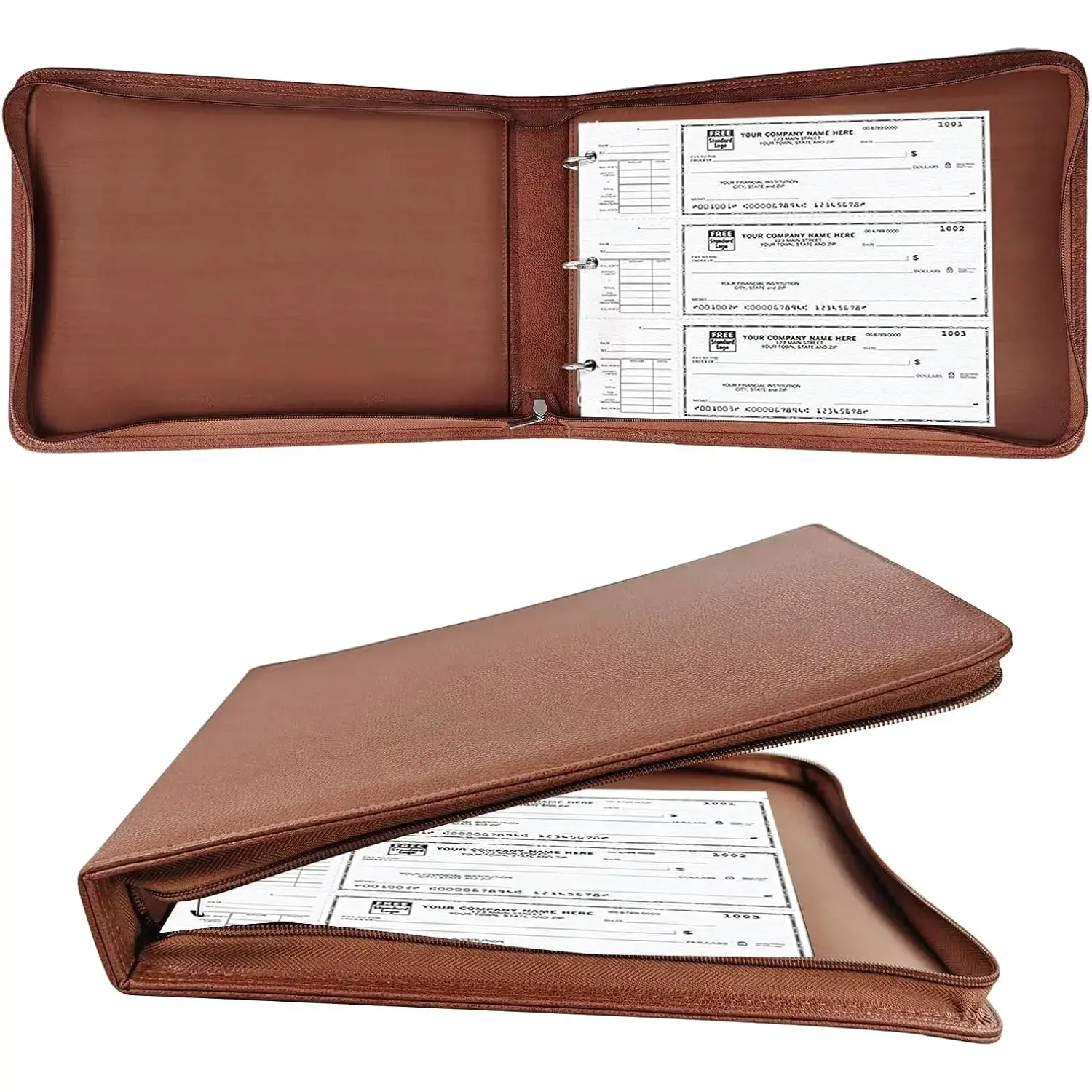 3 Rings Check Binder for End-Stub Deskbook Checks, Zipper Business Check Binder, 3 on a Page, Fit 3 & 9 Holes Check Faux Leather (9" x 11 1/4") (Brown)