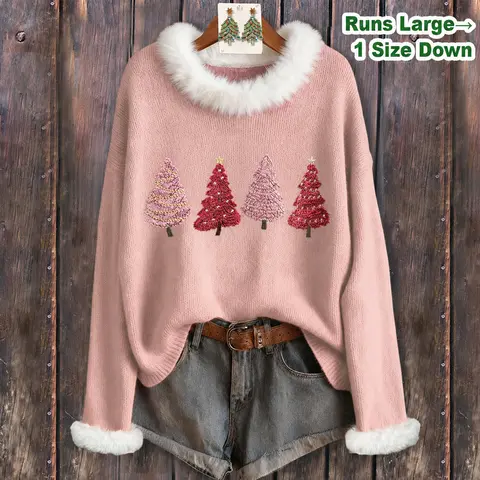 Cherrybetty Sweet Christmas Tree Embroidered Faux Fur Collar Long Sleeve Sweater for Holiday Parties & Casual Wear in Cotton Material Women's Everyday Top Womenswear