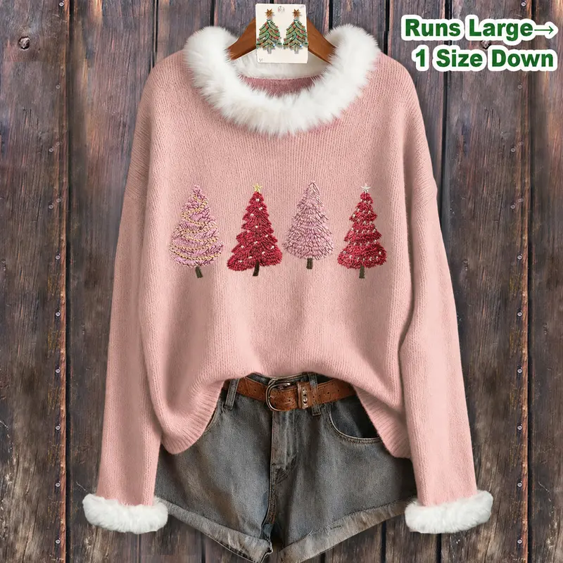 Cherrybetty Sweet Christmas Tree Embroidered Faux Fur Collar Long Sleeve Sweater for Holiday Parties & Casual Wear in Cotton Material Women's Everyday Top Womenswear