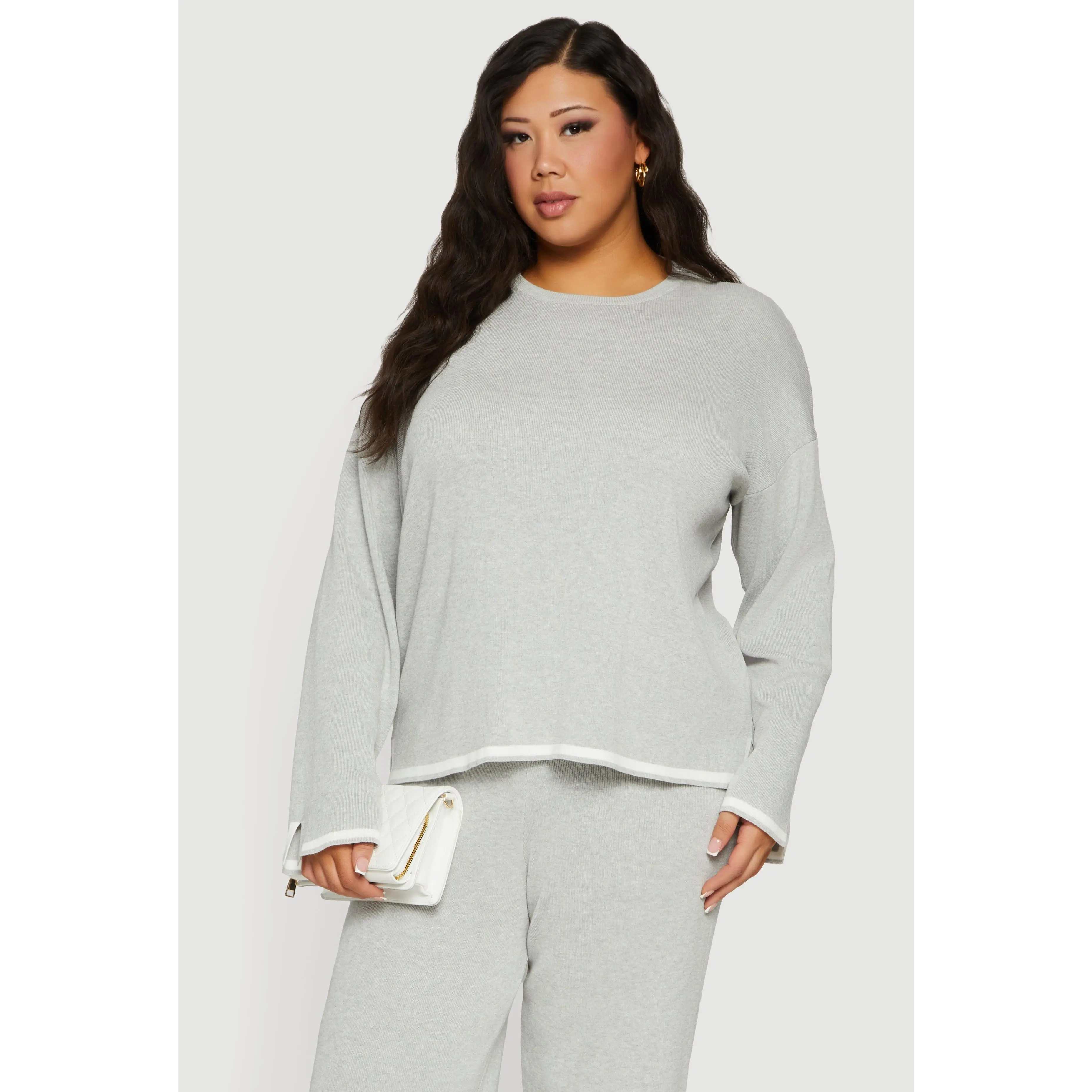 Plus Size Long Sleeve Contrast Trim Sweater