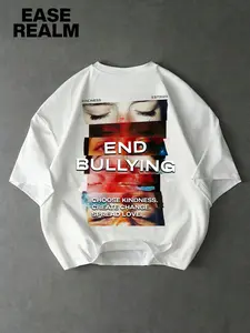 End Bullying Anti-Bullying Print Short Sleeve, Choose Kindness Slogan T-Shirt, American Loose Fit Top, Street Style, All Seasons