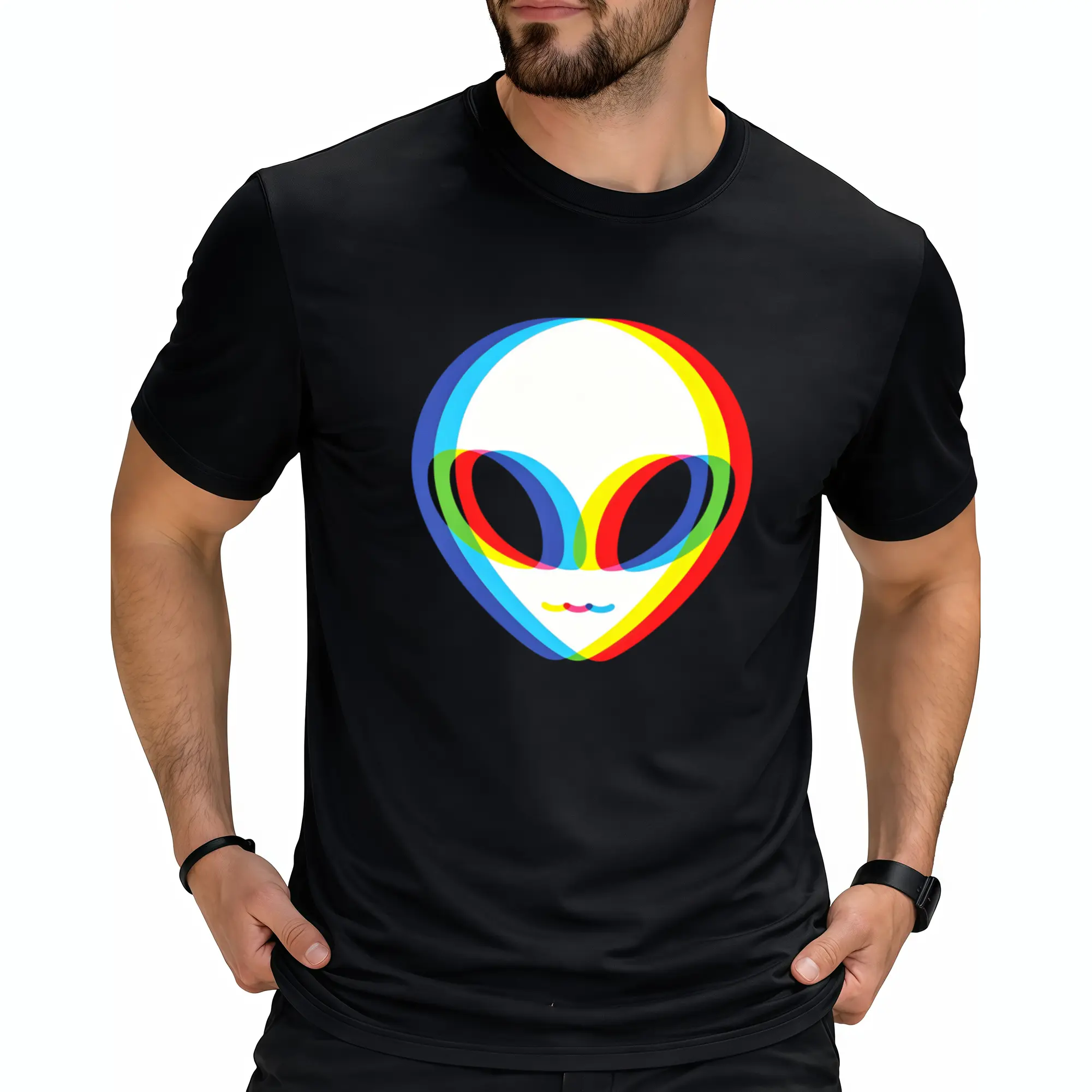 Alien Head Glitch UFO Graphic T-Shirt - Cotton Tee with Rainbow Alien Face & 80s Retro Video Game Style, Soft Breathable Fabric for Men & Women, Unisex Casual Wear, Halloween Costumes, Christmas Gifts, Machine Washable