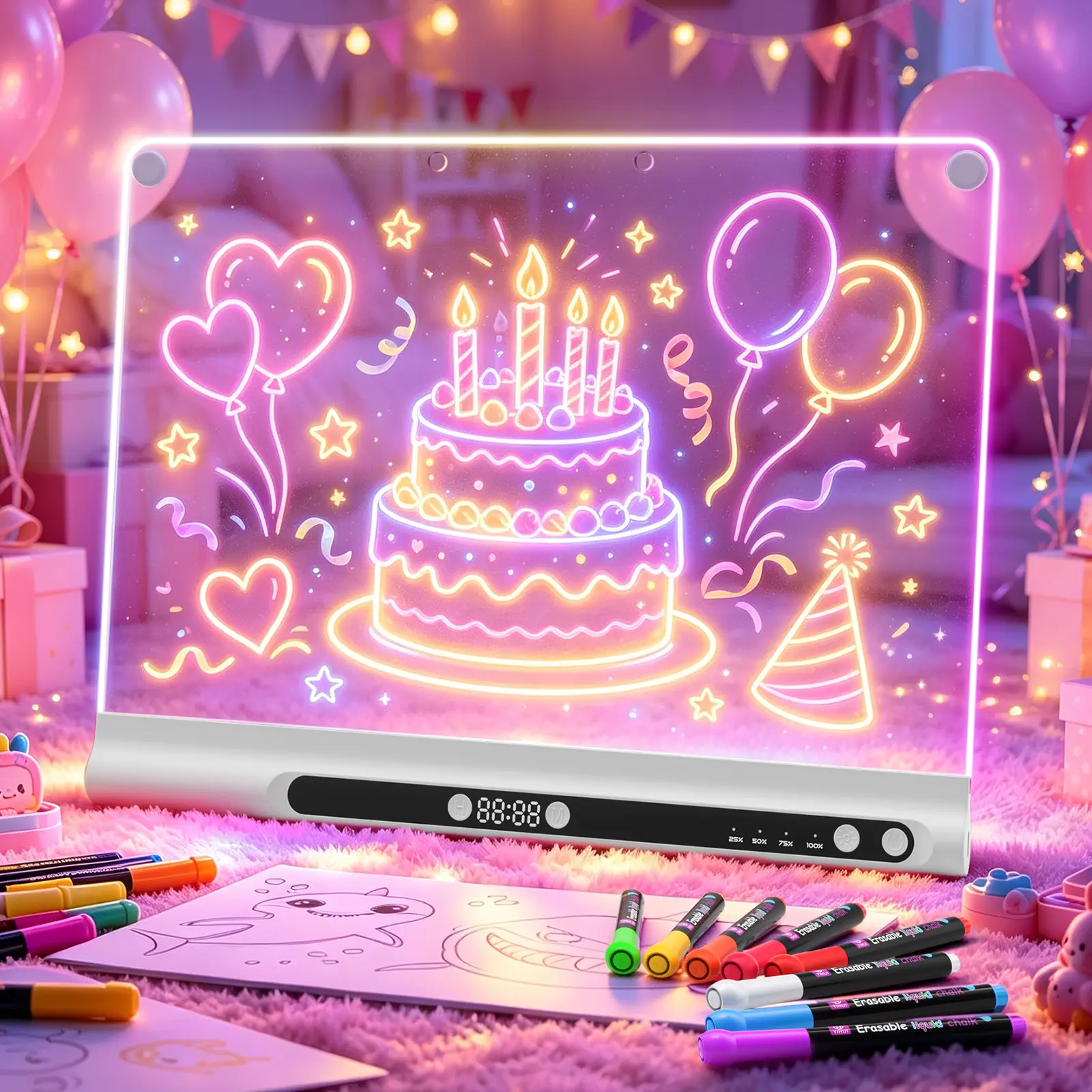 GEOKAY 2026 LED Note Board with Colors, 16-Inch Rechargeable Light Up Drawing Board with Built-in Stand, 9 Light Effects Neon Glow Memo Message Dry Erase Board for Gift/Room/Office/Kids, 8 Markers, White Full Work Set Included