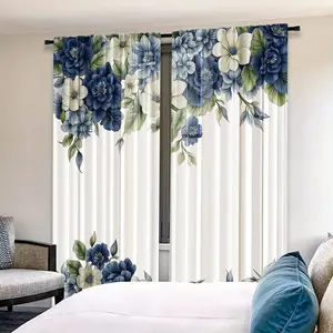 Vintage Blue Floral Curtains, Window Curtain, Elegant Home Drapes, Set of 2, Semi-Transparent Polyester Fiber, Rod Pocket Design, Bedroom Living Room Dining