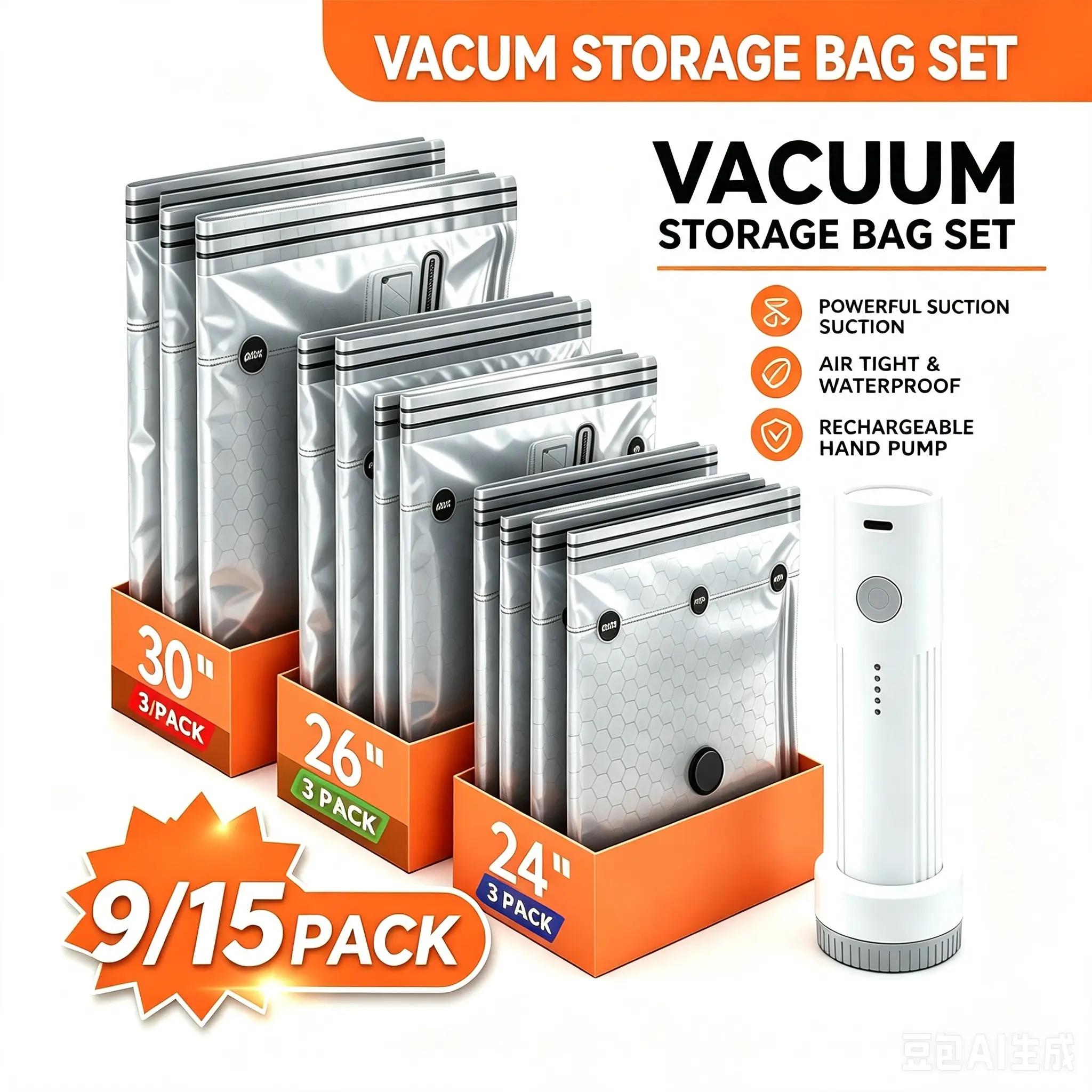 2026 Newly Upgraded Wireless Portable Vacuum Compression Bag Set with Rechargeable Electric Air Pump - 15 Carry-On Organiser Vacuum Bags for Travel Luggage, Blankets, Pillows