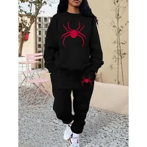 Women's Spider Print Drop Shoulder Sweatshirt & Pocket Sweatpants Two-piece Set, Casual Fashion Cozy Breathable Two Piece Outfits for Daily Outdoor Wear, Ladies Clothes for Fall & Winter