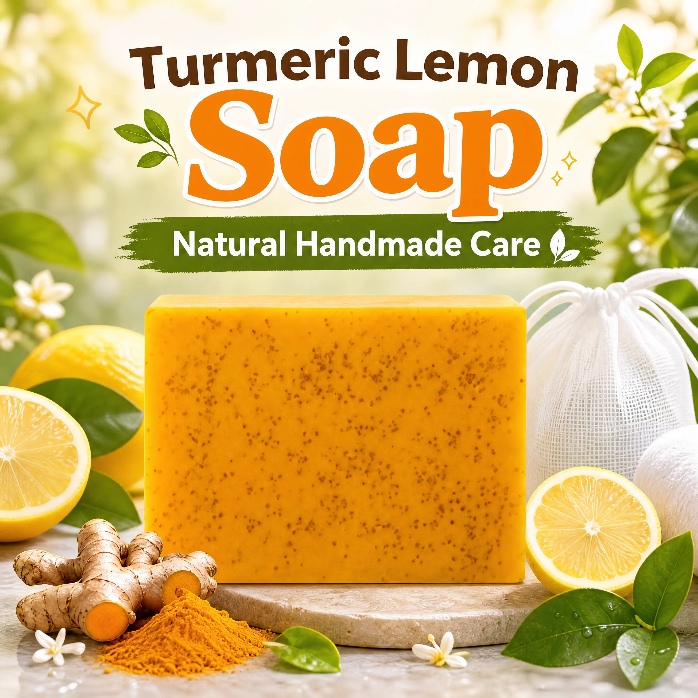 Turmeric, Lemon, Kojic Acid, Ginger Handmade Essential Oil Soap, suitable for multi-purpose bathing and facial cleansing in the Western market