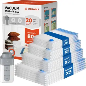 ETENWOLF 20 Pack Vacuum Storage Bags with Rechargeable Wireless Pump for Clothes Travel Space Saver Bags in Jumbo Large Medium Small Sizes Perfect for Luggage and Suitcases