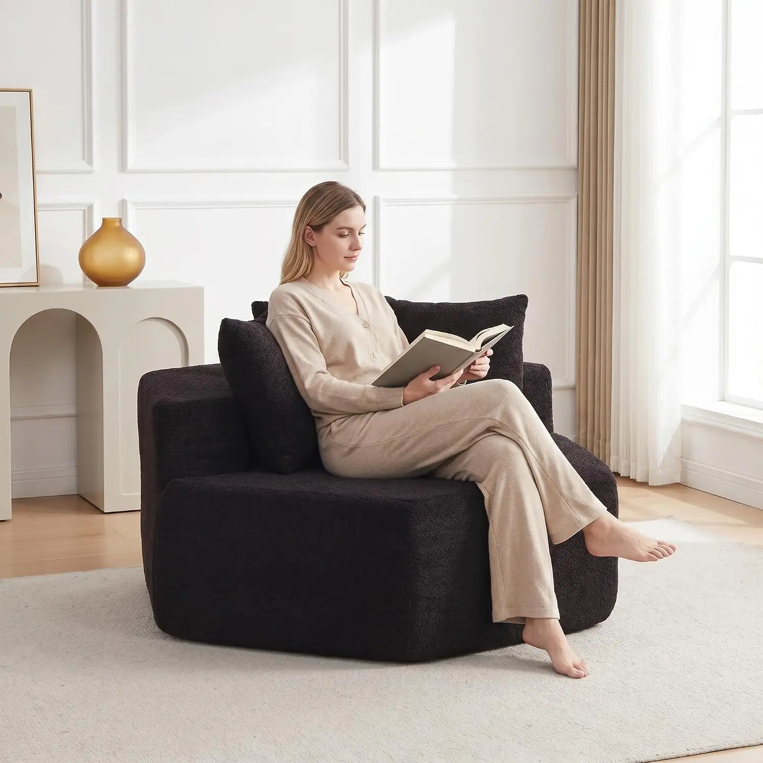 54" Minimalist Hexagonal Looped Chenille Fabric Padded Lounge Chair - Modern Upholstered Deep Seat Oversized Comfy Armchair, Assembly Required Indoor Furniture for Living Room (Black), Fabric Padded Chair, Comfy Chair