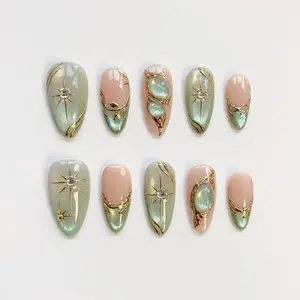 Glitter Green Cat Eye Nails/Press on nails long almond nails/Elegant nails/Star Nails/3D Gold chrome nails/Birthday nails/Custom nails