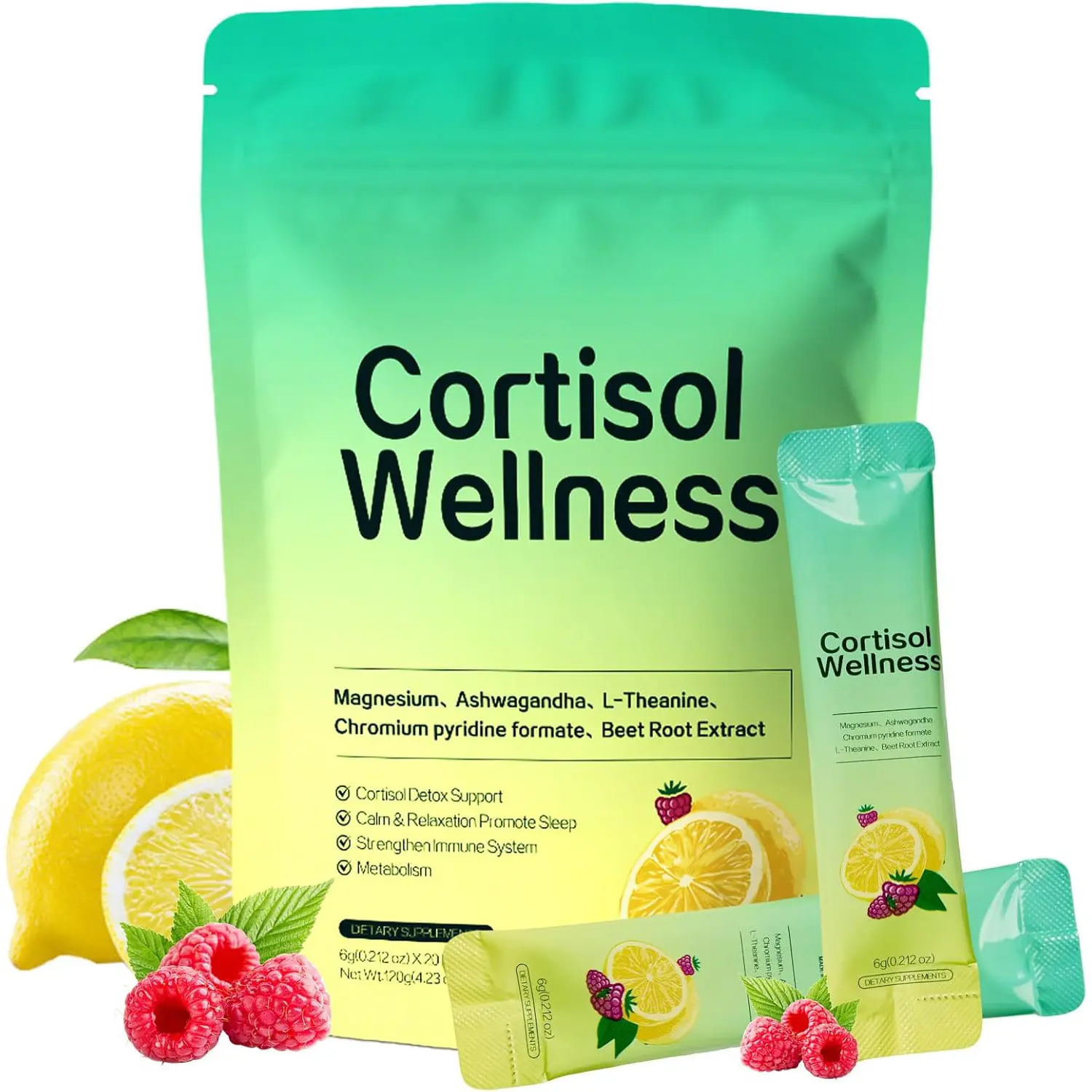 Edible Cortisol Wellness Dietary Powder with Magnesium, Ashwagandha, Vitamin C, D3, L- Theanine, Elderberry, Raspberry & Botanical Extracts for Stress Management & Mood Support