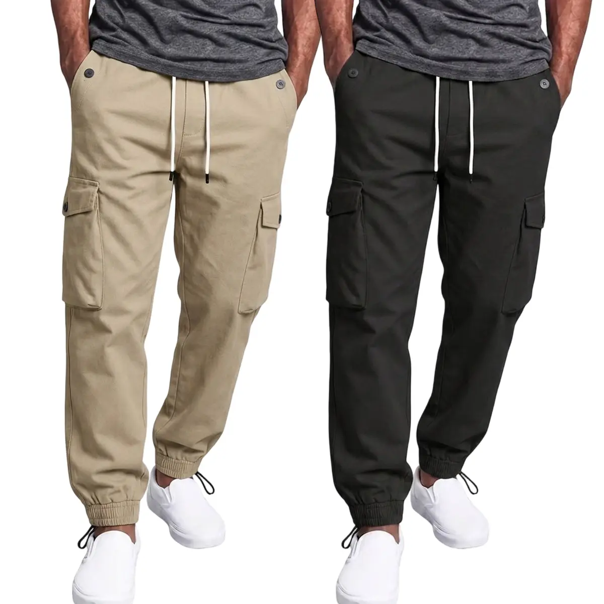 Men's 2-Pack Polyester Cargo Pants, Casual Loose-Fit Joggers with Drawstring Waist, Size M, Cold Wash/Dry Clean, Black + Khaki, Multiple Pockets, Elastic Waist