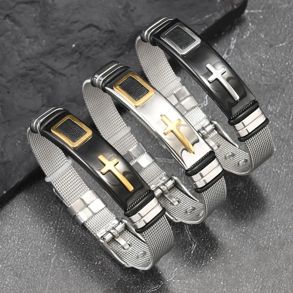 Unisex Cross Wristband in Stainless Steel, Modern Urban Mesh Band with Matte Black Finish, Adjustable, Anti-Tarnish & Breathable, Stainless Steel Wrist, 5-7Cm Diameter, Cross Accents, Comfortable, 6.5'' To 8.5'', Fashion, Casual Wear, Daily, Bangle