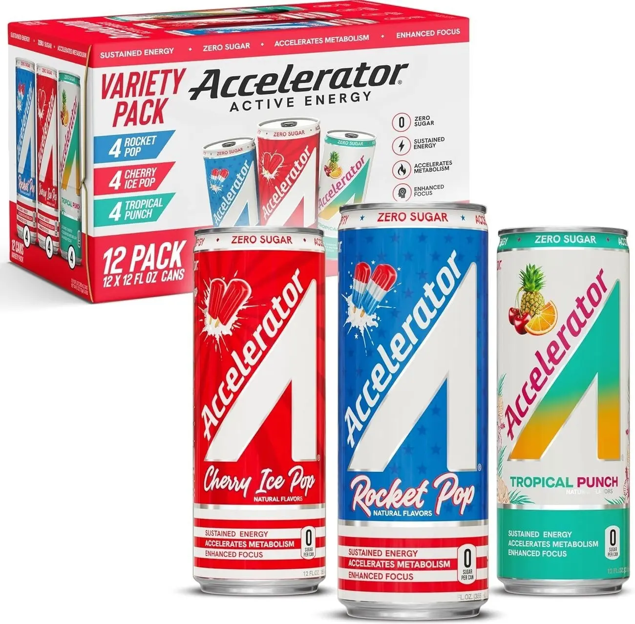 Accelerator Energy Drink, Variety Pack 12oz can (12 pack), Zero Sugar, Sustained Energy from 100% Natural Caffeine (200mg from Green Coffee Bean & Green Tea extract)