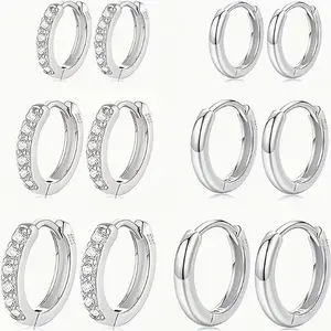 6 Pairs 925 Sterling Silver Small Hoop Earrings for Women,Hypoallergenic Tiny Cubic Zirconia Cartilage Huggie Earring Sets for Multiple Piercing Trendy Jewelry 8/10/12mm