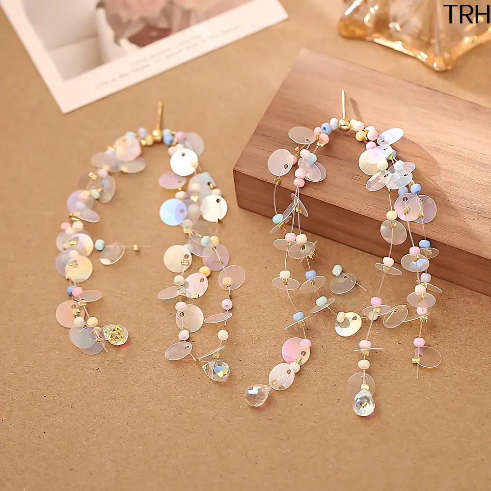 Iridescent Sequin Long Tassel Drop Earrings for Women, Pastel Bead Dangle Crystal Chandelier Earrings, Boho Fairy Aesthetic Beach Vacation Lightweight Statement Jewelry
