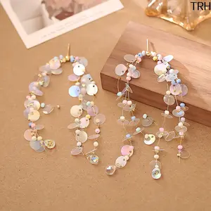 Iridescent Sequin Long Tassel Drop Earrings for Women, Pastel Bead Dangle Crystal Chandelier Earrings, Boho Fairy Aesthetic Beach Vacation Lightweight Statement Jewelry
