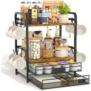 Coffee Bar Organizer Station Shelf Mug Holder for Countertop, 4 Tier Mug Holder Stand with 12 Hooks, K Cup Pod Drawer