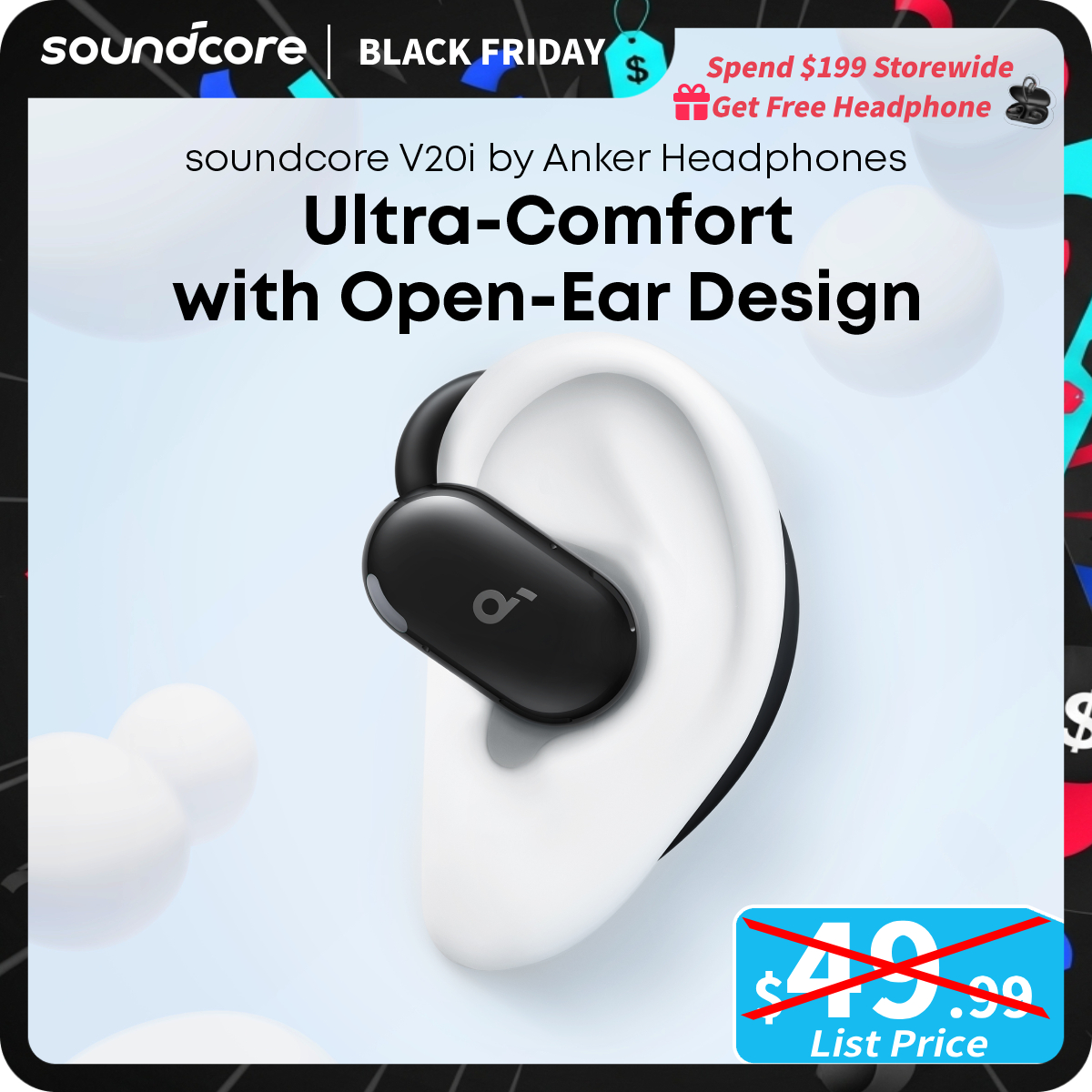 [TikTokShopBlackFriday] soundcore V20i by Anker Open-Ear Headphones, Adjustable Ear Hooks, Ultra-Comfort, Snug Fit, Powerful Sound, Clear Calls, IP55,