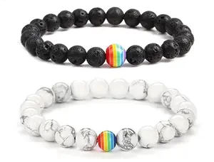 LGBT Rainbow Bead Stretch Bracelet, Turquoise/Lava/Black Beads Strand Bracelet - Pride Jewelry