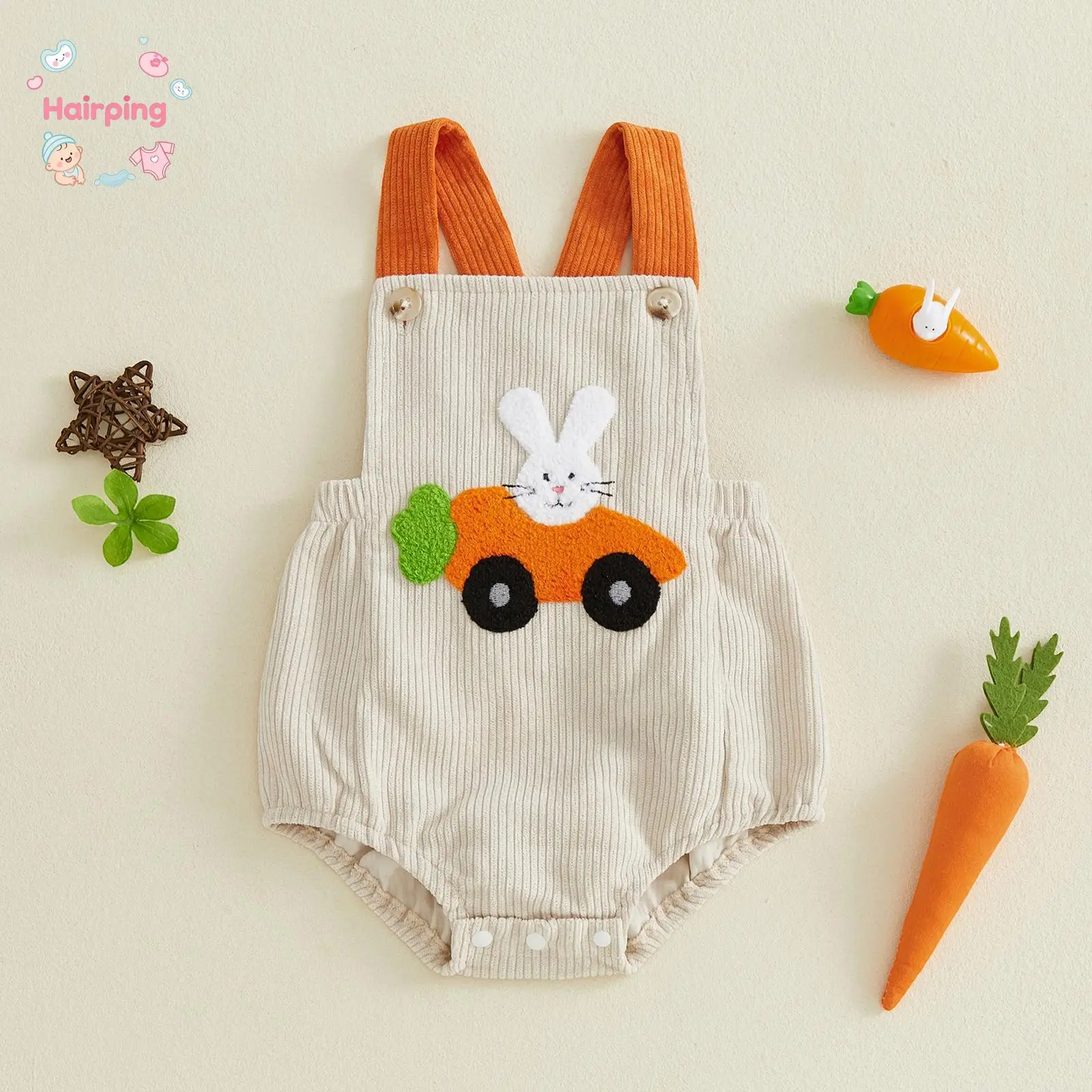Baby Girl Easter Bunny Romper, Ribbed Knit Overalls with Carrot Car Embroidery, Cute Sleeveless Bodysuit for Spring Holiday, Photoshoot & Casual Daily Wear