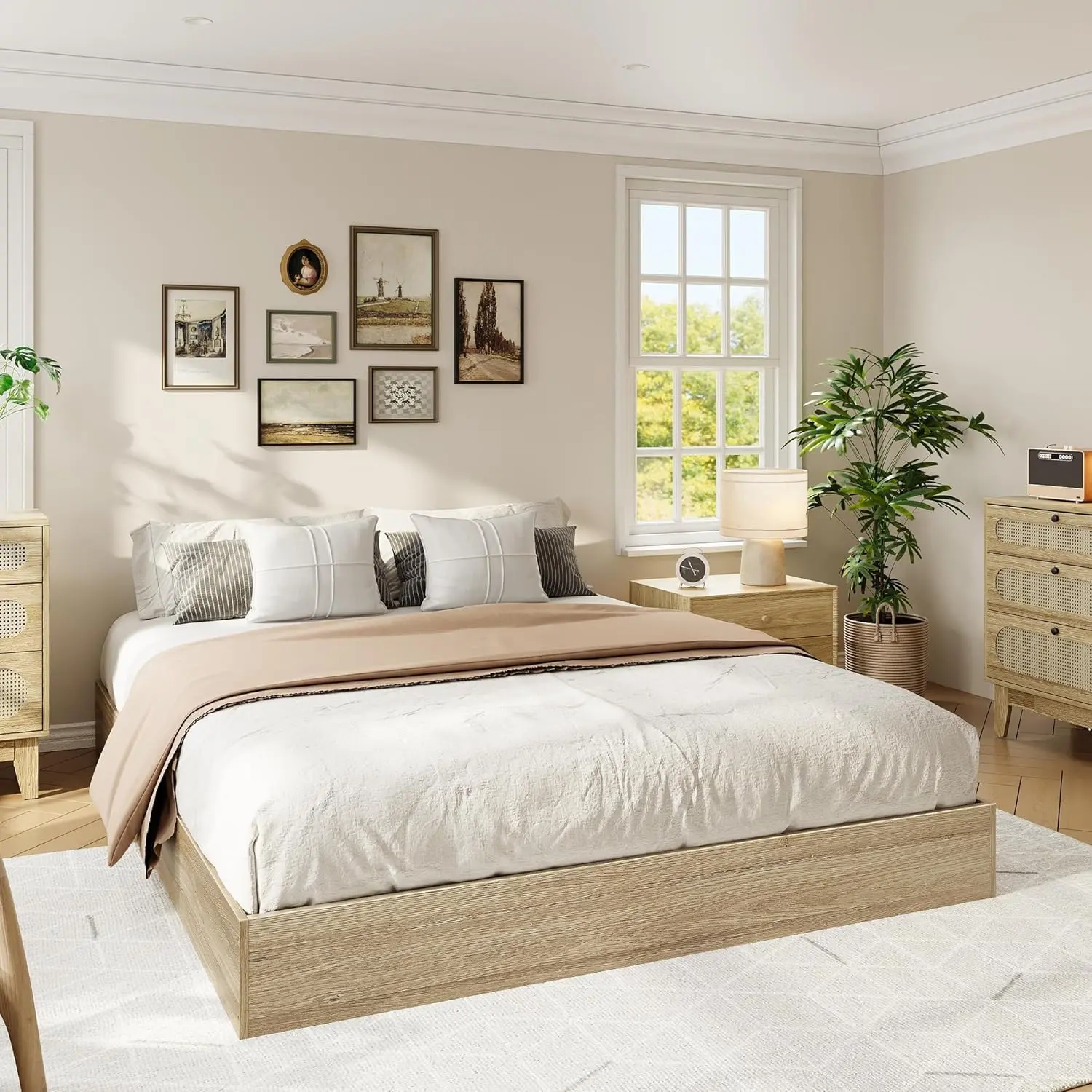 Wood-Framed Solid Wood Platform Bed, Modern Minimalist Low-Profile Space Saver with Natural Grain, Reinforced Beam, No Box Spring Needed, Easy Assembly, Wood-Framed Bed Frames