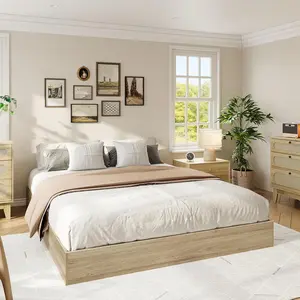 Solid Wood Platform Bed Frame, Modern Minimalist Low Profile Space Saver with Natural Grain, Reinforced Beam, No Box Spring Needed, Easy Assembly