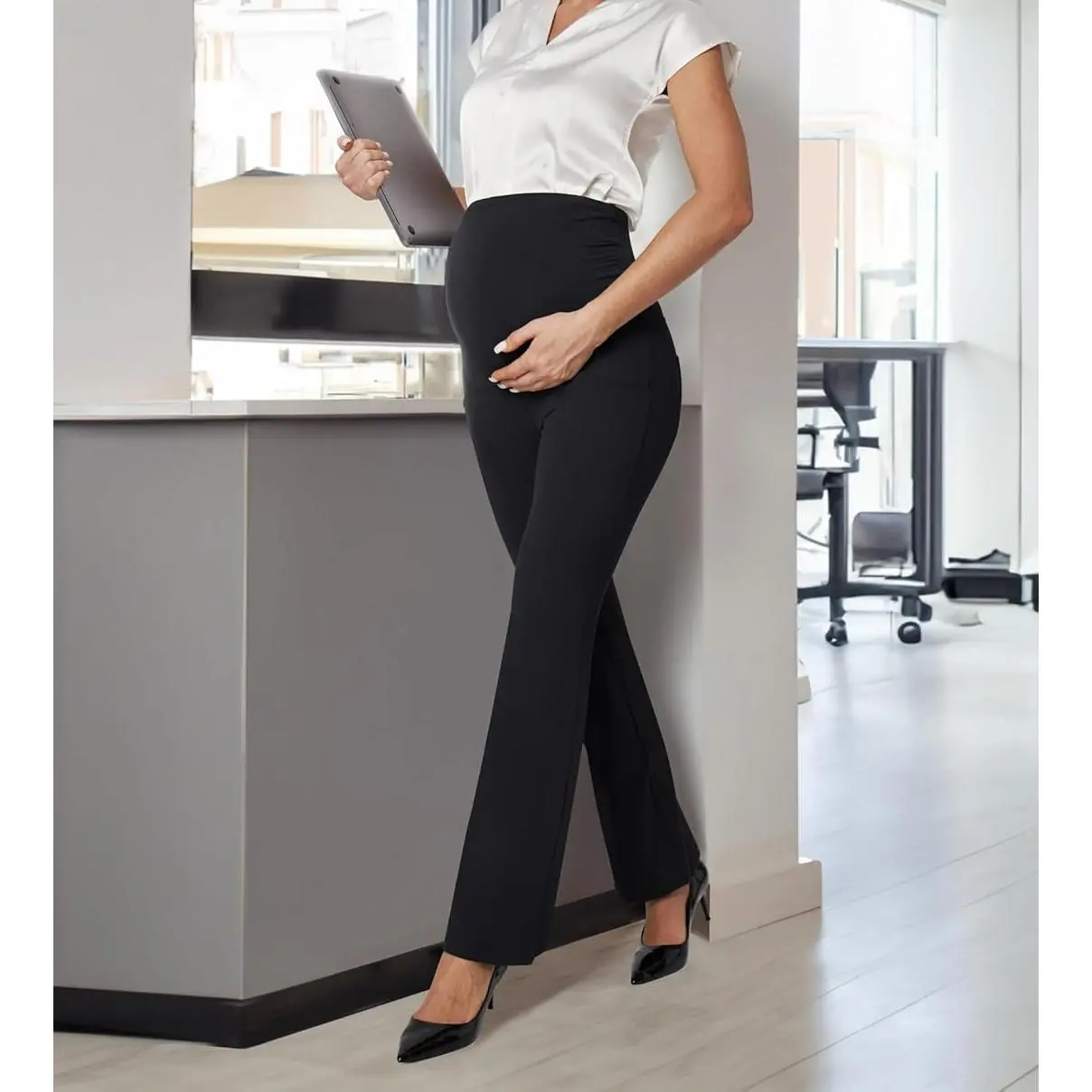 Women's Over-The-Belly Maternity Work Pants - Stretchy Fabric, Adjustable Strap, Pockets, Privacy Feature, Suitable for All Occasions, Maternity Pants, With Pockets, Business