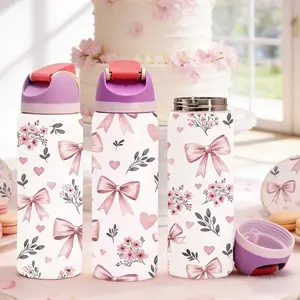 AuraCup 1pc 19/24/32oz Stainless Steel Vacuum Insulated Tumbler with Lid and Straw, Pink Bow and Floral Hearts Design, Cute Aesthetic Girly Insulated Water Bottle, Romantic Leakproof Travel Mug, Perfect Gift for Girlfriend, Boyfriend, Kids, Friends