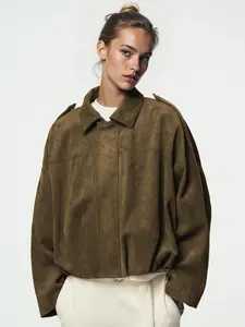 Women's Winter Vintage Solid Color Collared Zipper Long Sleeve Jacket