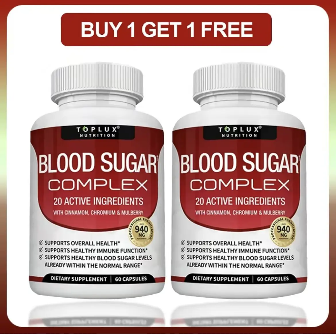 Blood Sugar Complex Supplement - Natural 20 Herbs and Vitamins with Cinnamon Non-GMO Vegan, for Men Women, 60 Capsules
