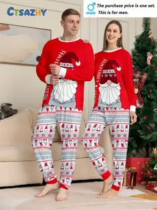 Couple Christmas long-sleeved trousers loungewear pajamas pajamas set, Santa Claus and monogram decorative printing elements, crew neck design, Christmas set, men's or women's, single set