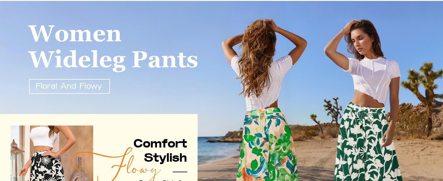 Bsubseach Wide Leg Pants Woman Flowy Floral Palazzo Pants for Women High Waisted Summer Casual Trousers Cruise Outfits