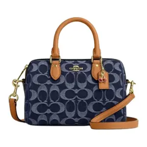 COACH Rowan 18 Denim Blue Women's Small Boston Bag with Detachable Strap and Branded Print