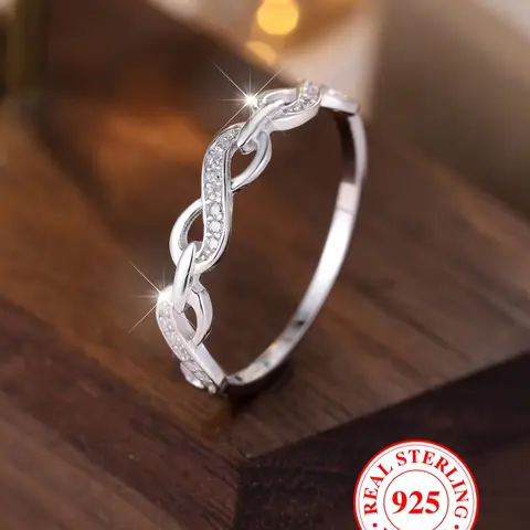 S925 Sterling Silver Simple Artificial Zircon Decorated Ring, Beautiful Rings, Fashion Criss Cross Design Ring for Women & Men, Bridal Statement Ring