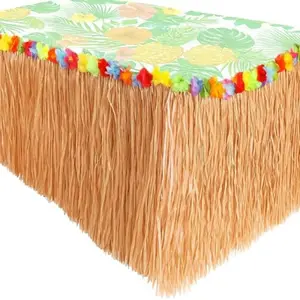 9 Feet x 29" Luau Grass Table Skirt Hawaiian Theme Party Party Skirt with Hibiscous Flower Decoration Fringe Raffia Straw Backdrop for Moana Birthday Decorations