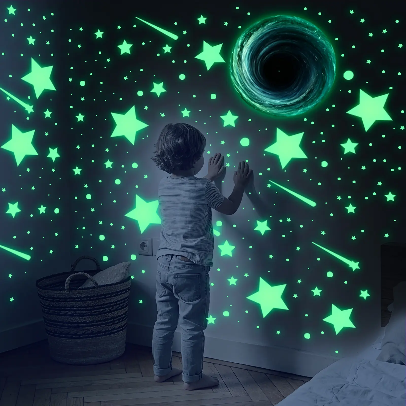 2D flat, a set of 4 pieces (20*30cm*4pcs) planet and star fluorescent wall stickers, self-adhesive decorative stickers for living room, hallway, bathroom and bedroom decoration