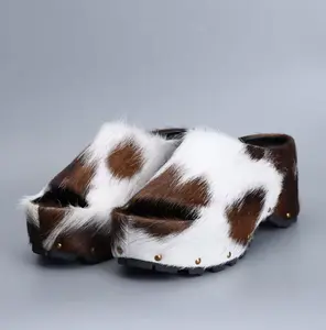 Women Platform Mules Real Calf Hair Leather Lined Slip On Clogs