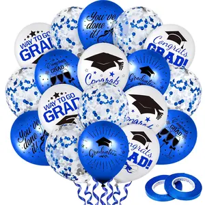 60Pcs Graduation Party Balloon Set 7 Designs Blue White Confetti Latex Balloon With 2 Rolls Blue Ribbon Grad Cap Congrats Grad Balloon For Graduation Party Decoration Supplies