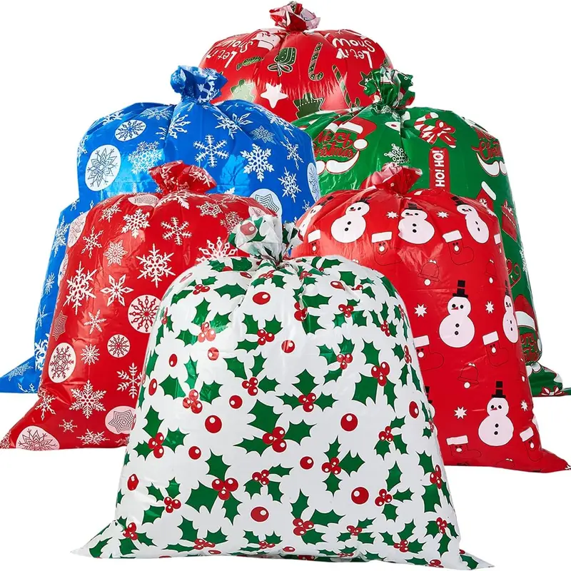 Christmas 6 Pcs Jumbo Gift Bags, Extra Large Heavy Duty Drawstring Xmas Present Bag with Tags for Bag Gifts, Christmas Season, Holiday Gift Giving