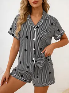 Edgy Black & White Striped Heart Pajama Set Women, Button Down Short Sleeve, Spring Summer Lazy Loungewear, Bold Heart Details, Loose Fit for Ultimate Comfort at Home